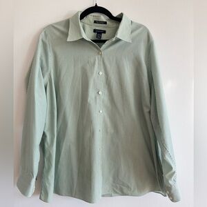 Lands End Green Blue White Vertical Stripe Button Down Blouse Shirt Oxford 24W